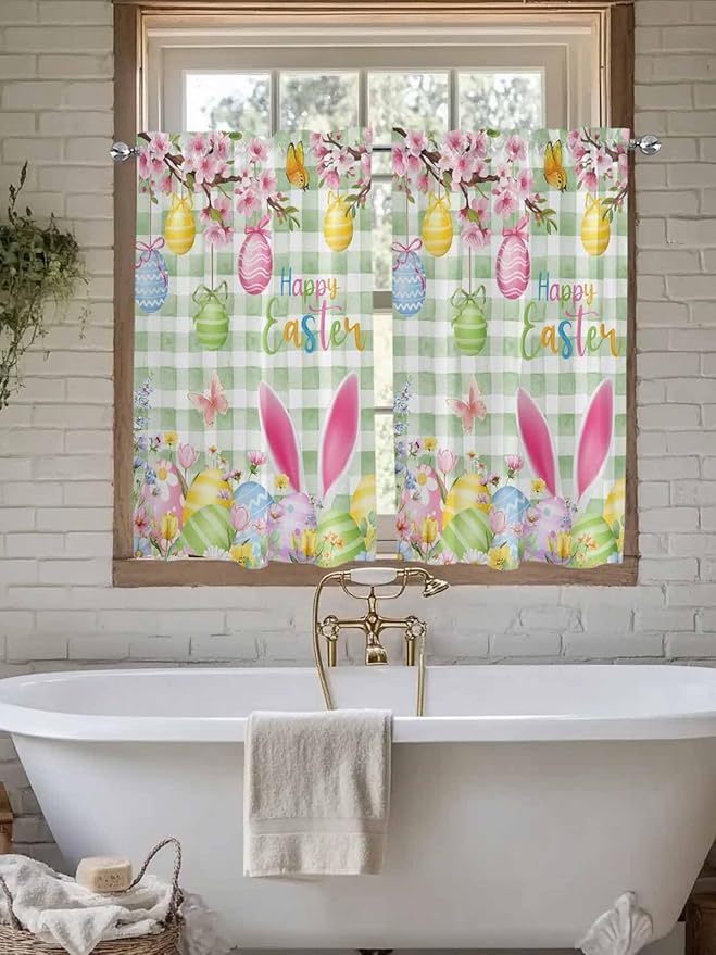 Happy Easter Tier Curtains 45 Inches Long, Spring Bunny Eggs Flower Sage Green Plaid Window Treatment Curtain Drapes, Window Half Privacy Curtains for Bedroom Bathroom, 42"x45", 2 Panels