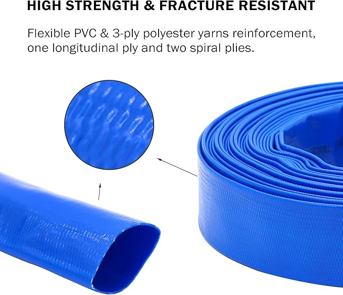 DAVCO 1.25" x 100 ft Pool Backwash Hose, Heavy Duty Reinforced Blue PVC Lay Flat Water Discharge Pump Hoses For Swimming Drain Pools and Clean Filters,with 1 Clamp