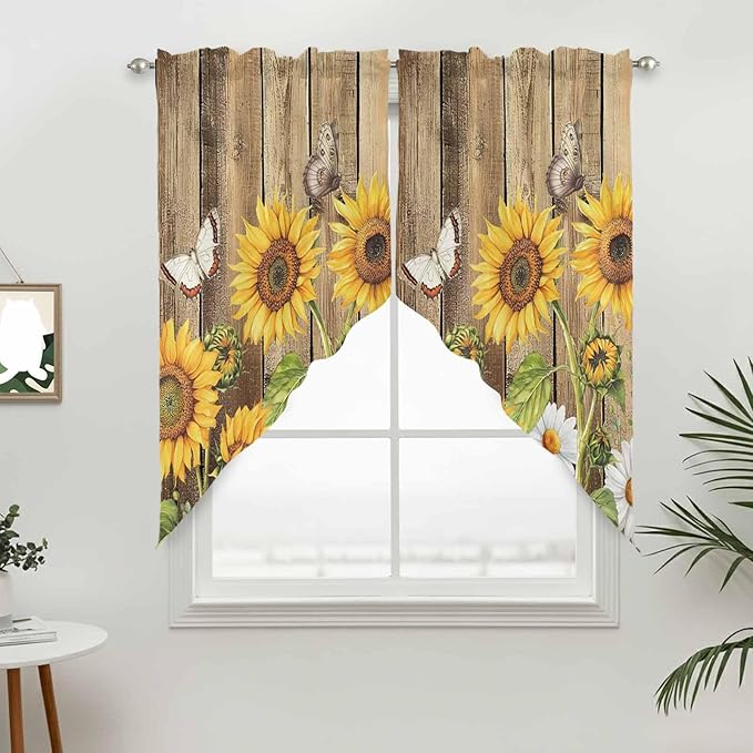 Farmhouse Sunflowers Swag Valances for Windows, Rustic Floral Buttterfly Wood Board Brown Rod Pocket Kitchen Curtains Valance, Kitchen Window Curtains Swag for Cafe Living Room, 2 Panels, 36x45 inch