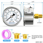 MEANLIN MEASURE 0~100Psi Dry Pressure Gauge Stainless Steel 1/4" NPT 2" FACE DIAL Waterproof for Well Pump Water Tire Water Pressure Tester Back Mount, with 1/2" NPT and 3/8" NPT Hex Bushing