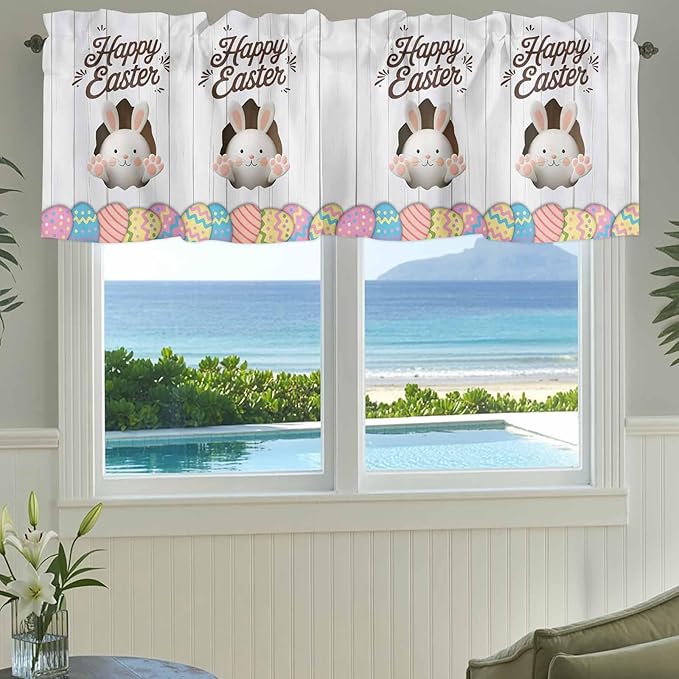 Grey Easter Curtain Valances for Windows, Kitchen Valance Window Treatment, Spring Cartoon Bunny Colorful Eggs Wood Grain Light Filtering Block Curtains for Bathroom/Bedroom/Living Room 60'' x 18''