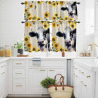 Kitchen Curtains Tiers and Valance Set of 3, Cow Sunflowers Light Filtering Window Curtain Set, Country Vintage Animals Floral Leaves Rod Pocket Curtain Drapes for Cafe, Living Room, 24 Inches Tiers