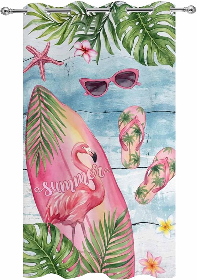 Summer Flamingbirds Outdoor Curtains for Patio Palm Leaves Plumeria Wood Waterproof Outside Curtains with Grommet Top Weatherproof Curtain for Cabana Pergola Gazebo, 1 Panel, 54" W x 95" L