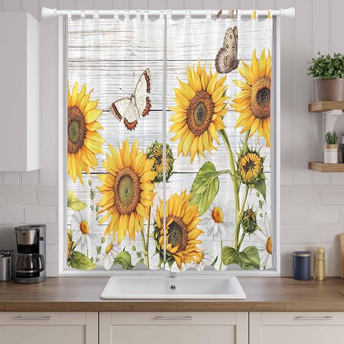Yellow Sunflowers Living Room Curtains 96 Inch Length, Window Curtains Tab Top, Vintage Country Flowers Butterfly Wood Board Light Filtering Window Treatments Drapes 52"x96" 2 Panel