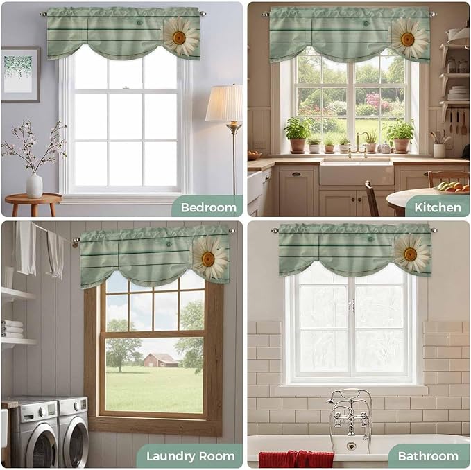 Daisy Flower Tie Up Valance Curtains for Windows, Kitchen Curtains Window Shades, Modern Art Floral Farmhouse Teal Wooden Grain Light Filtering Roman Curtain Valances for Bedroom/Bathroom/Cafe 42"x12"