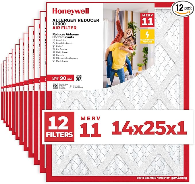 Honeywell 14x25x1 MERV 11 Allergen Reducer 11000 Electrostatic Pleated HVAC AC Furnace Air Filter (12-Pack) | Replacement Filter for Home Use | Made in USA