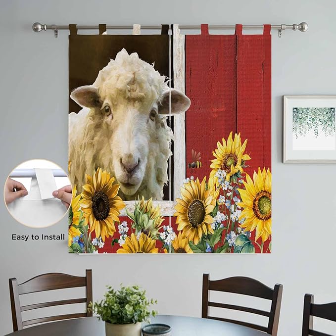 Sheep Flowers Living Room Curtains 84 Inch Length, Window Curtains Tab Top, Country Red Barn Botanical Sunflowers Light Filtering Window Treatments Drapes 42"x84" 2 Panel