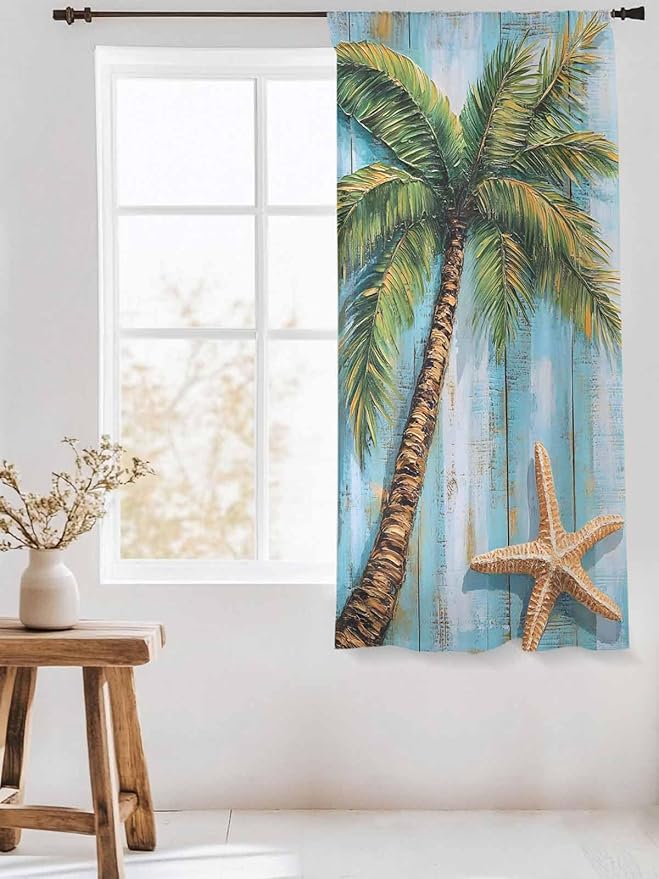Sheer Curtains 63 Inch Length, Coastal Beach Tree Semi Sheer Curtains Light Filtering Window Treatment, Summer Tropical Starfish Wood Grain Privacy Voile Drapes for Living Room Bedroom 52x63 Inch