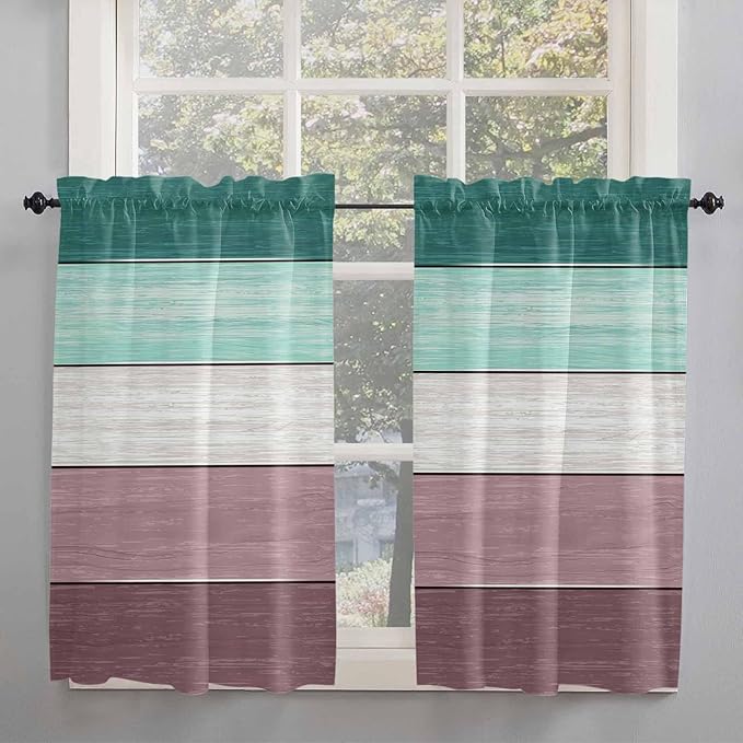 Retro Farm Woodcuts Texture Window Valance Curtains, Green Brown Gradient Light Filtering Kitchen Valance with 3-inch Rod Pocket for Living Room Bathroom Bedroom,2 Panel,27.5x45In