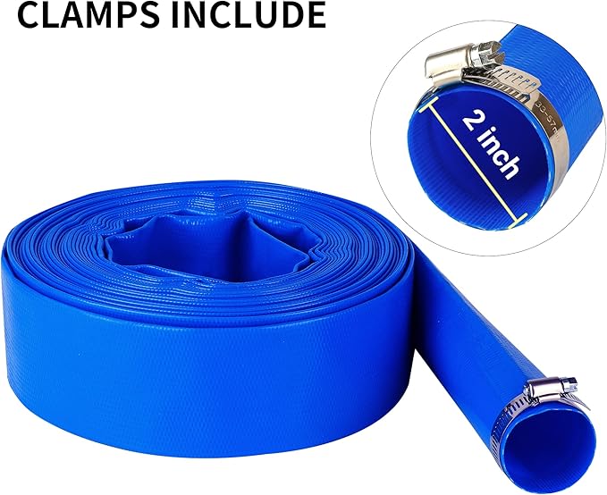 2" x 50 FT Pool Backwash Hose Blue Heavy Duty Reinforced PVC Lay Flat Water Discharge Hose for Swimming Pool Filter Pump,with 2 Clamp