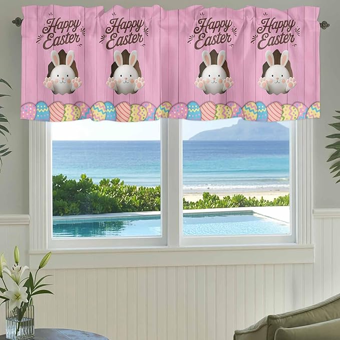 Pink Easter Curtain Valances for Windows, Kitchen Valance Window Treatment, Easter Bunny Eggs Spring Cartoon Farmhouse Wood Grain Light Filter Block Curtains for Bathroom/Bedroom/Living Room 42''x18''