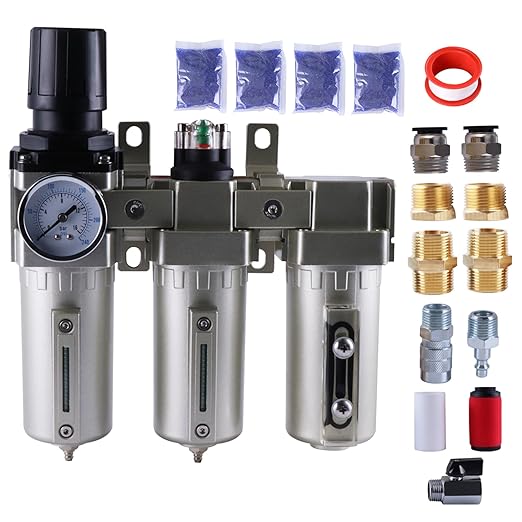 3/4 Inch NPT Industrial Grade Three Stage Air Drying System, Particulate Filter, Coalescing Filter, Desiccant Dryer and Air Regulator, 0-240 PSI, Semi-Auto Drain