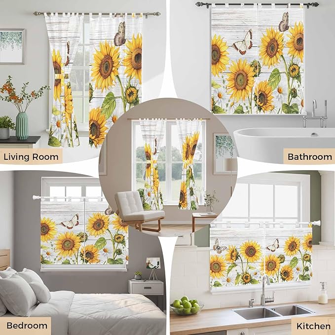 Yellow Sunflowers Kitchen Curtains 36 Inch Length, Small Window Curtains Tab Top, Vintage Country Flowers Butterfly Wood Board Light Filtering Short Window Treatments Tier Drapes 27.5"x36" 2 Panel
