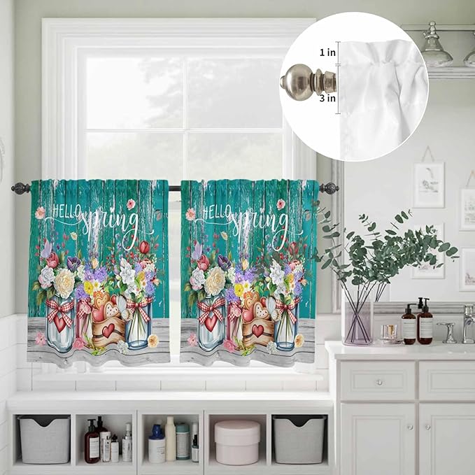 Spring Flowers Kitchen Curtains Set 3 Piece for Windows, Rod Pocket Valance and Tier Set 24 Inch Length, Farmhouse Watercolor Teal Wood Grain Light Filtering Cafe Curtains for Living Room Bathroom