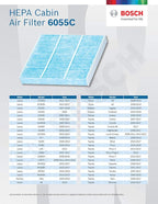 BOSCH 6055C HEPA Cabin Air Filter - Compatible with Select Lexus ES, GS, GX, IS, LS, RX; Subaru Legacy, Outback; Toyota 4Runner, Camry, Corolla, Highlander, Prius, RAV4, Sequoia, Sienna, Tundra + More