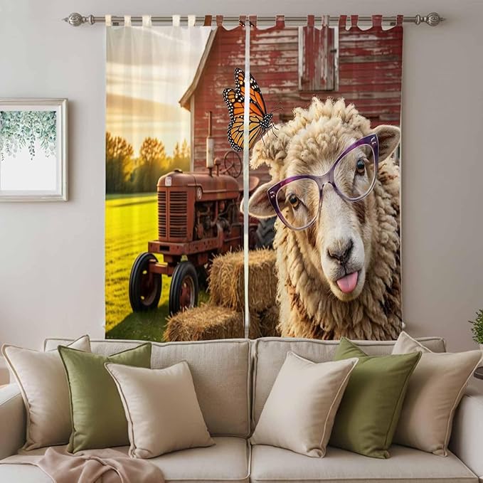 Farm Sheep Living Room Curtains 84 Inch Length, Window Curtains Tab Top, Farmhouse Barn Funny Animals Butterfly Light Filtering Window Treatments Drapes 52"x84" 2 Panel