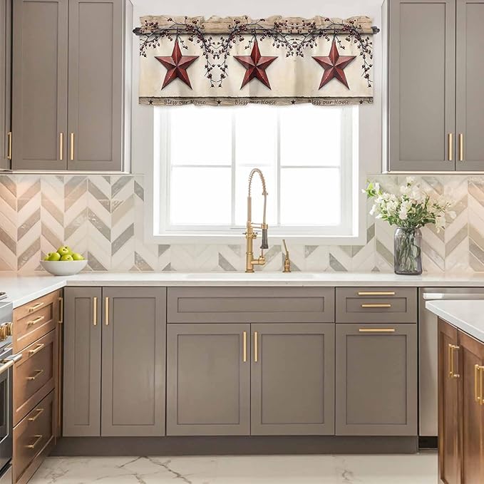 Farmhouse American Valances for Windows, Country Star Berries Vintage Wood Grain Kitchen Valance Light Filtering Rod Pocket Short Curtains for Kitchen Bathroom, 1 Panel, 54"x18"