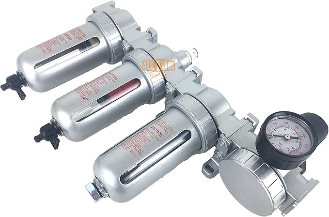 1/2" NPT MID FLOW 4 Stages Filter Coalescing Desiccant Dryer Regulator System For Compressed Air Lines, Poly Bowls, Great For Paint Spray And Plasma Cutter (MANUAL DRAIN)