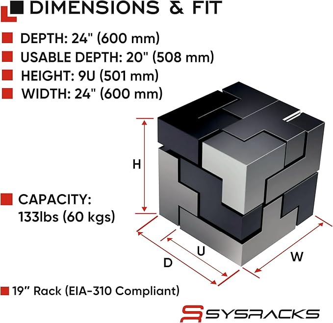 Sysracks 9U Wall Mount Server Rack Cabinet, 19” Locking Network Rack, 24” Deep, Glass Door, with Fan, PDU and Shelf