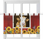 Cows Sunflowers Kitchen Curtains 36 Inch Length, Small Window Curtains Tab Top, Spring Floral Bees Farmhouse Barn Light Filtering Short Window Treatments Tier Drapes 27.5"x36" 2 Panel