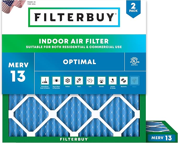 Filterbuy 17x17x1 Air Filter MERV 13 Optimal Smoke & Allergy Defense (2-Pack), Electrostatic Pleated HVAC AC Furnace Filters Replacement, Made in USA (Actual Size: 17.00 x 17.00 x 0.75)