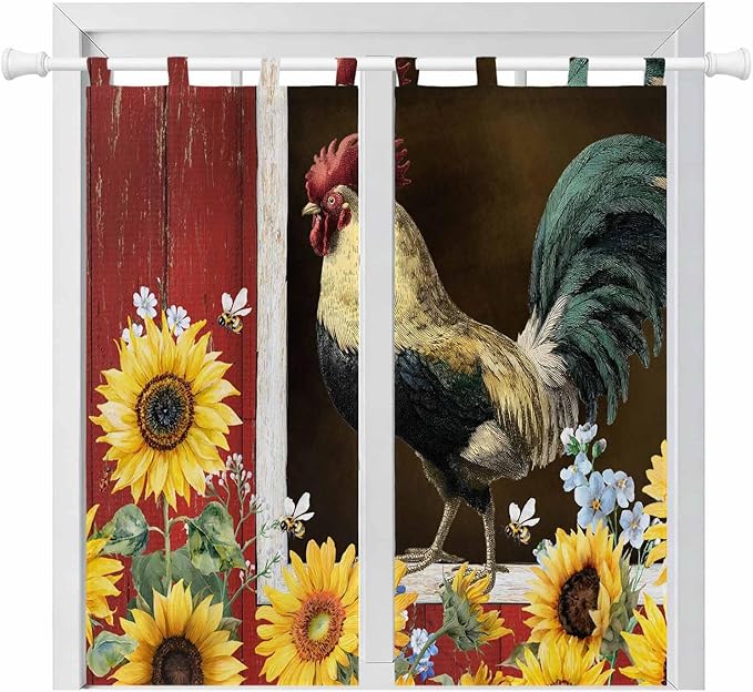 Chicken Sunflowers Living Room Curtains 84 Inch Length, Window Curtains Tab Top, Farmhouse Animals Red Barn Bees Light Filtering Window Treatments Drapes 42"x84" 2 Panel
