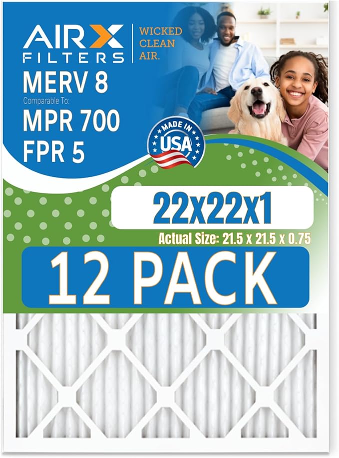 22x22x1 Air Filter MERV 8 Rating, 12 Pack of Furnace Filters Comparable to MPR 700 & FPR 5 - Made in USA by AIRX FILTERS WICKED CLEAN AIR.