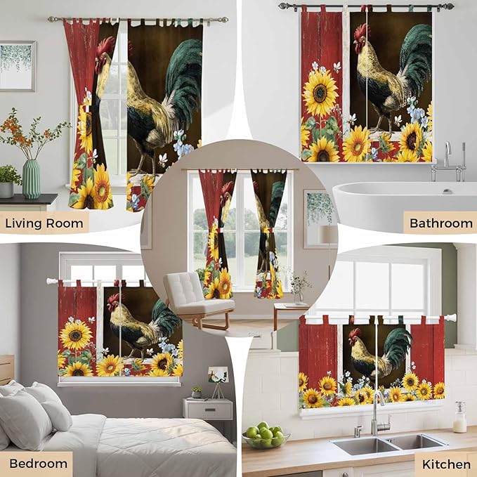 Chicken Sunflowers Living Room Curtains 84 Inch Length, Window Curtains Tab Top, Farmhouse Animals Red Barn Bees Light Filtering Window Treatments Drapes 52"x84" 2 Panel