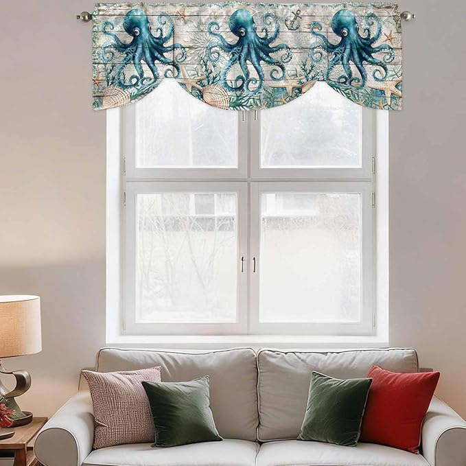 Sea Octopus Ocean Starfish Tie Up Valance Curtains,Nautical Anchor Vintage Wood Grain Kitchen Light Filtering Window Treatments with 3-inch Rod Pocket for Living Room,Bedroom,42x12In