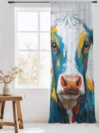 Sheer Curtains 108 Inches Long, Rustic Cow Semi Sheer Curtains Light Filtering Window Treatment, Vintage Colorful Animals Art Wooden Grain Privacy Voile Drapes for Living Room Bedroom 52x108 Inch