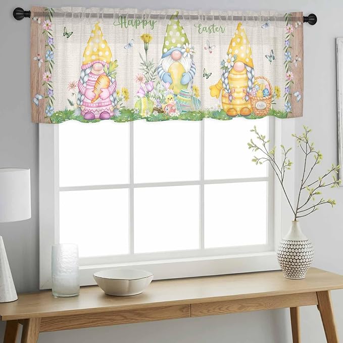 Easter Sheer Valances for Windows 42"x18", Light Filtering Kitchen Curtains Valance, Rustic Gnomes Duck Floral Colorful Eggs Wooden Grain Rod Pocket Chiffon Curtains for Living Room Bedroom Cafe