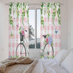 Spring Kitchen Curtains, Bicycles Leaves Butterfly Flowers Pink Buffalo Plaid Light Filtering Window Curtain Panels, 2Pcs Rod Pocket Window Treatments Set for Living Room Bathroom Bedroom 52x72 Inches