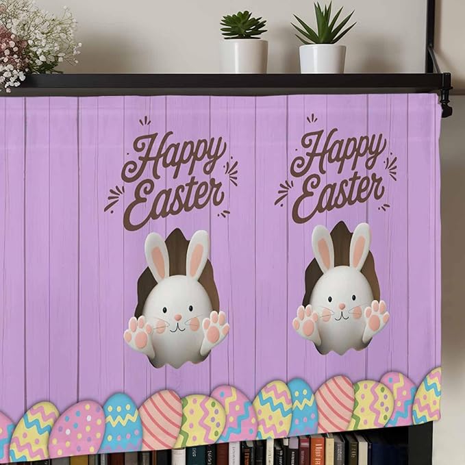 Purple Easter Curtain Valances for Windows, Kitchen Valance Window Treatment, Spring Cartoon Bunny Colorful Eggs Wood Grain Light Filtering Block Curtains for Bathroom/Bedroom/Living Room 54'' x 18''
