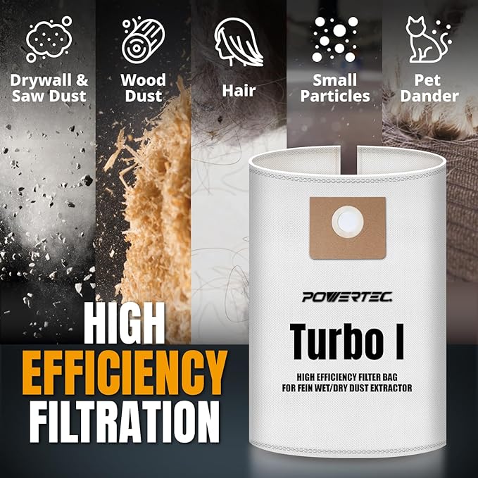 POWERTEC Turbo I, 9-20-27 Fleece Filter Bags 20PK, for Fein Dustex 25 L Wet/Dry Dust Extractor, for Fein 31345061010 Shop Vacuum Replacement Bags, Filter Bags, Dust Bags (75041-P4)