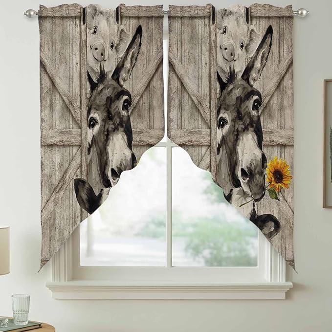 Funny Farm Animals Swag Valances for Windows, Vintage Barn Brown Sunflowers Rod Pocket Kitchen Curtains Valance, Kitchen Window Curtains Swag for Cafe Bathroom Living Room, 2 Panels, 36x45 inch