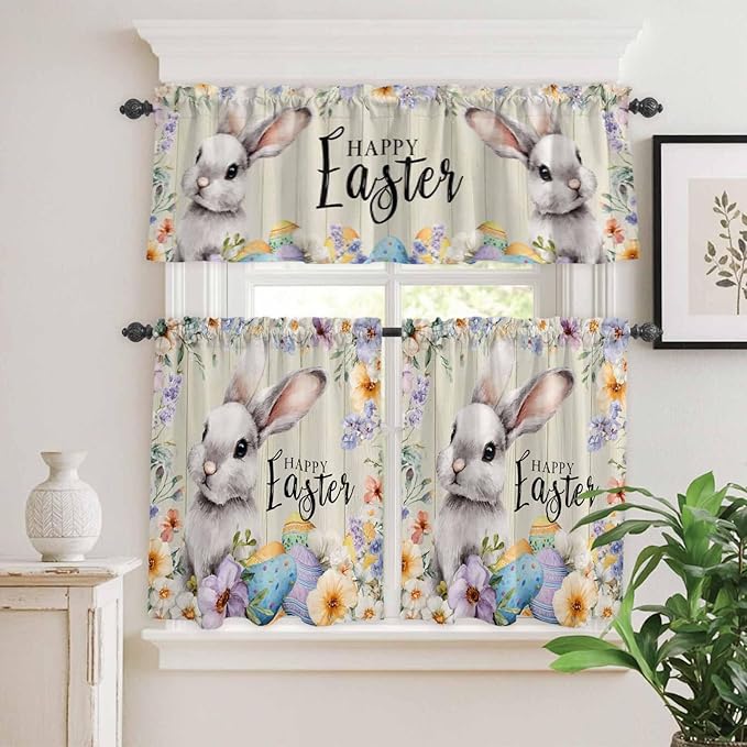 Easter Grey Bunny Kitchen Curtains Set 3 Piece for Windows,Rod Pocket Valance and Tier Set 36 Inch Length,Spring Colorful Eggs Flower Wooden Grain Light Filtering Cafe Curtains for Living Room
