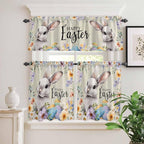 Easter Grey Bunny Kitchen Curtains Set 3 Piece for Windows,Rod Pocket Valance and Tier Set 36 Inch Length,Spring Colorful Eggs Flower Wooden Grain Light Filtering Cafe Curtains for Living Room