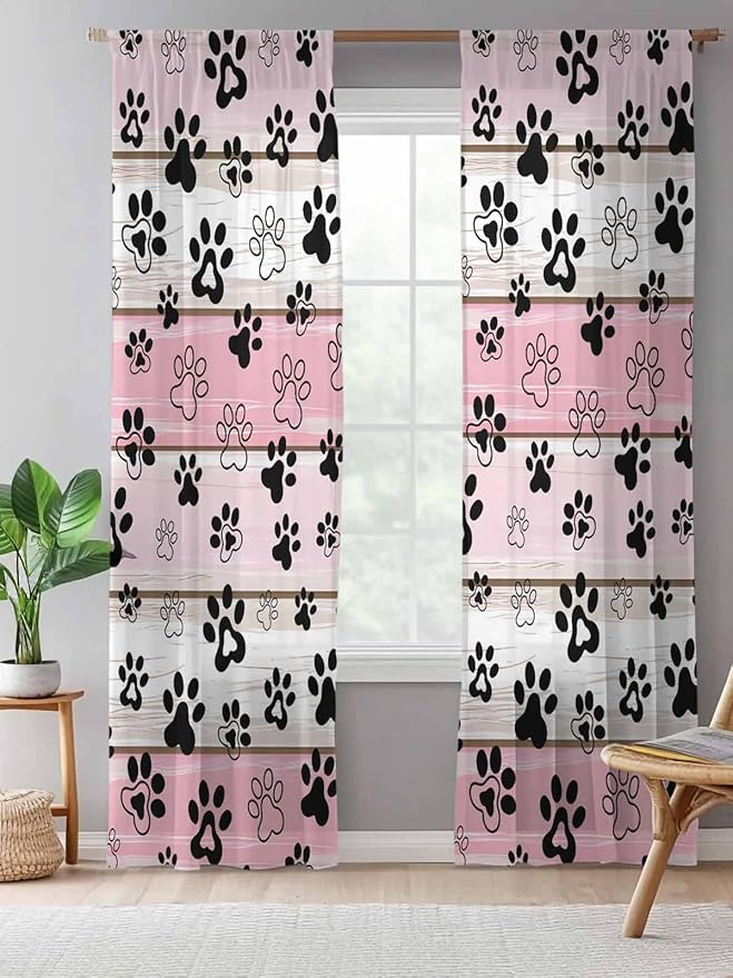Sheer Curtains 84 Inches Long, Pink Beige Paw Print Semi Sheer Curtains Light Filtering Window Treatment, Vintage Farmhouse Country Wooden Grain Privacy Voile Drapes for Living Room Bedroom 52x84 Inch