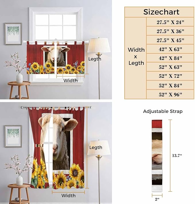 Sheep Sunflower Kitchen Curtains 24 Inch Length, Small Window Curtains Tab Top, Country Red Farm Barn Spring Flowers Light Filtering Short Window Treatments Tier Drapes 27.5"x24" 2 Panel