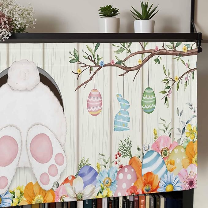 Easter Curtain Valances for Windows, Kitchen Valance Window Treatment, Spring Farmhouse Watercolor Bunny Eggs Wood Grain Light Filtering Block Curtains for Bathroom/Bedroom/Living Room 42'' x 18''