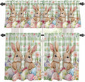 Easter Kitchen Curtains Set 3 Piece for Windows, Rod Pocket Valance and Tier Set 36 Inch Length, Spring Rabbit Eggs Flower Butterfly Green Plaid Light Filtering Cafe Curtains for Living Room Bathroom
