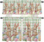 Easter Kitchen Curtains Set 3 Piece for Windows, Rod Pocket Valance and Tier Set 36 Inch Length, Spring Rabbit Eggs Flower Butterfly Green Plaid Light Filtering Cafe Curtains for Living Room Bathroom