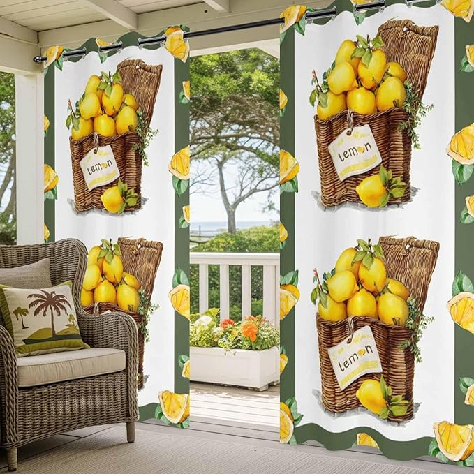 Lemon Outdoor Curtains for Patio Lemons in Baskets Summer Tropical Plants Green Waterproof Outside Curtains with Grommet Top Weatherproof Curtain for Cabana Pergola Gazebo, 1 Panel, 54" W x 95" L