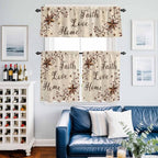 Kitchen Curtains Tiers and Valance Set of 3, Brown Farmhouse Light Filtering Window Curtain Set, Retro Country Stars Rustic Branches Berry Rod Pocket Curtain Drapes for Living Room, 24 Inches Tiers