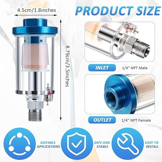 Mudder 2 Pcs Compressed Air Filter Water Oil Separator 1/4 Inch NPT Inlet and Outlet Airbrush Filter Moisture Separator for Air Line Compressor Fitting, 90 PSI