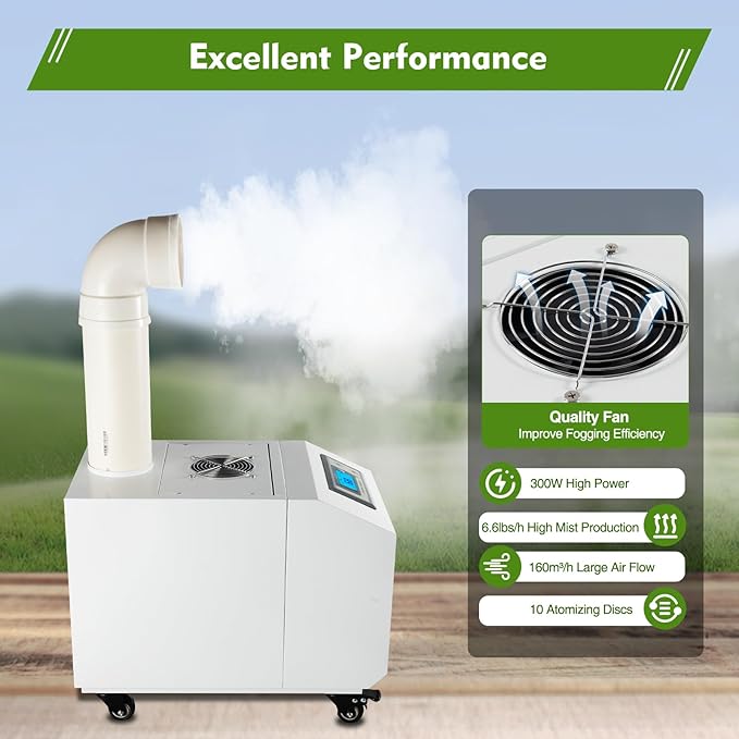 Agricultural Ultrasonic Humidifier, 110V 300W Agricultural Humidifier with 10 Atomizing Discs & 160m³/H Air Flow, Cool Mist Machine with Humidity Sensor and Water Filter for Warehouse Greenhouse