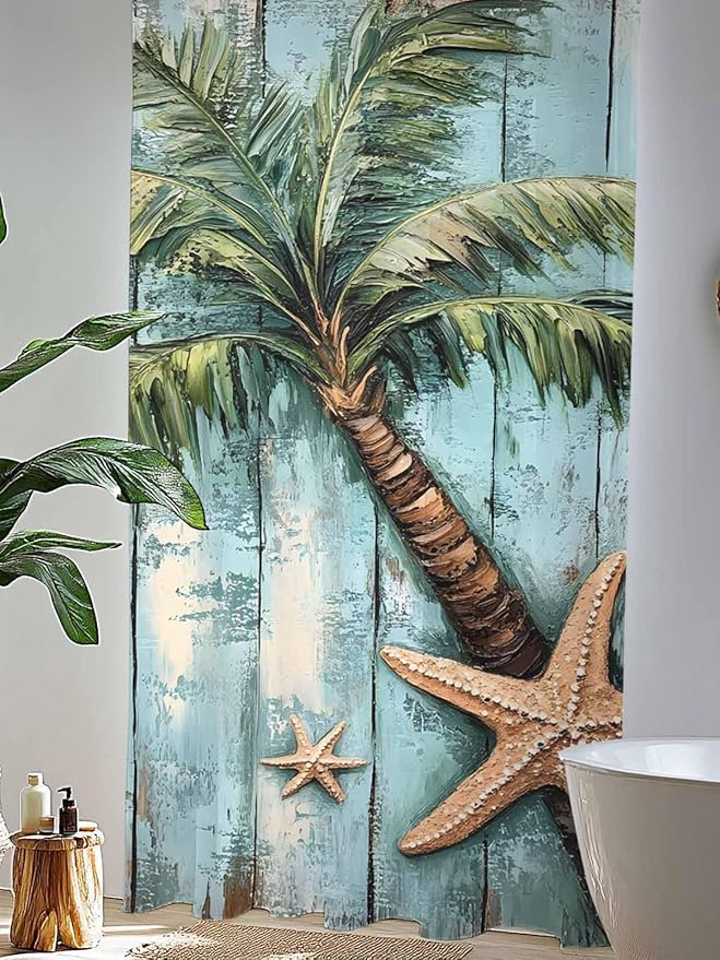 Sheer Curtains 84 Inches Long, Coastal Blue Green Tree Semi Sheer Curtains Light Filtering Window Treatment, Beach Tropical Vintage Wood Grain Privacy Voile Drapes for Living Room Bedroom 52x84 Inch