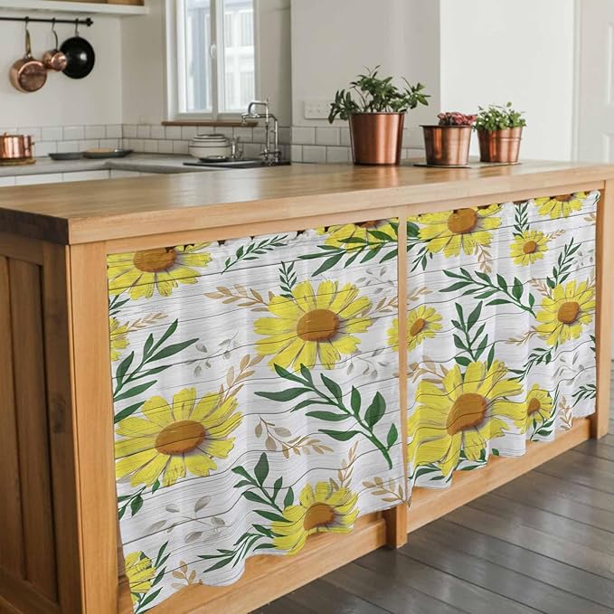 Yellow Daisy Tier Curtains, Farmhouse Country Flower Leaf Plant Wood Grain Light Filtering Kitchen Curtains, 2Pcs Rod Pocket Half Window Treatments Panels for Sink Cafe Cabinet Camper 27.5x24 Inches