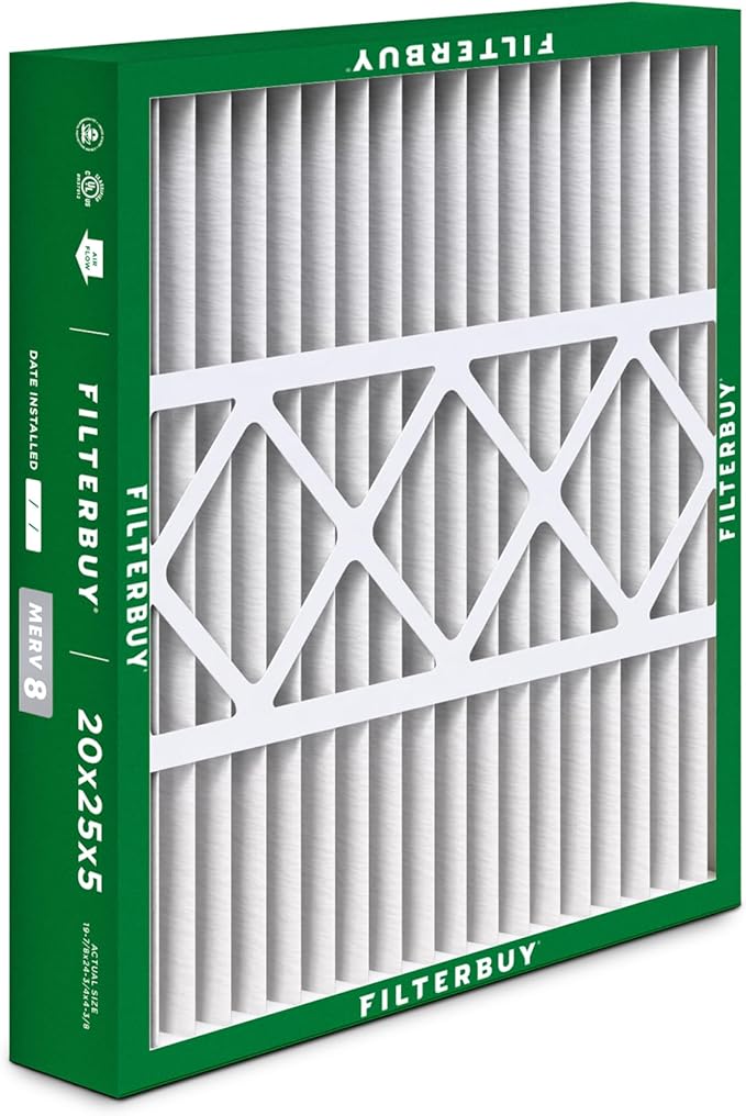 Filterbuy 20x25x5 Air Filter MERV 8 Essential Dust & Allergy Defense (2-Pack), Pleated HVAC AC Furnace Filters for Honeywell FC100A1037, Lennox X6673, and More (Actual Size: 19.88 x 24.75 x 4.38)
