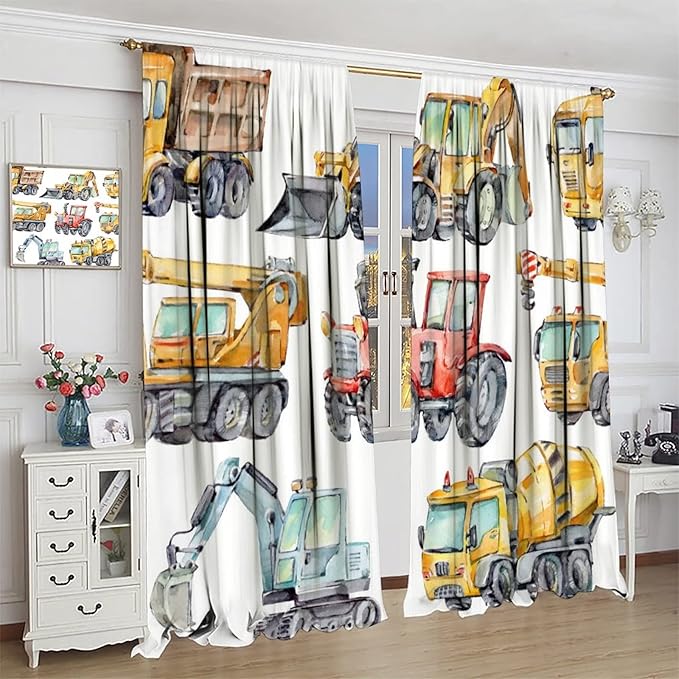 Kids Excavator Curtains, Retro Truck Tractor Machinery Construction Vehicle Crane Digger Mixer Rod Pocket Decorative Windows Curtain for Teens Girls Boys Room 55x63in (30% Blackout)